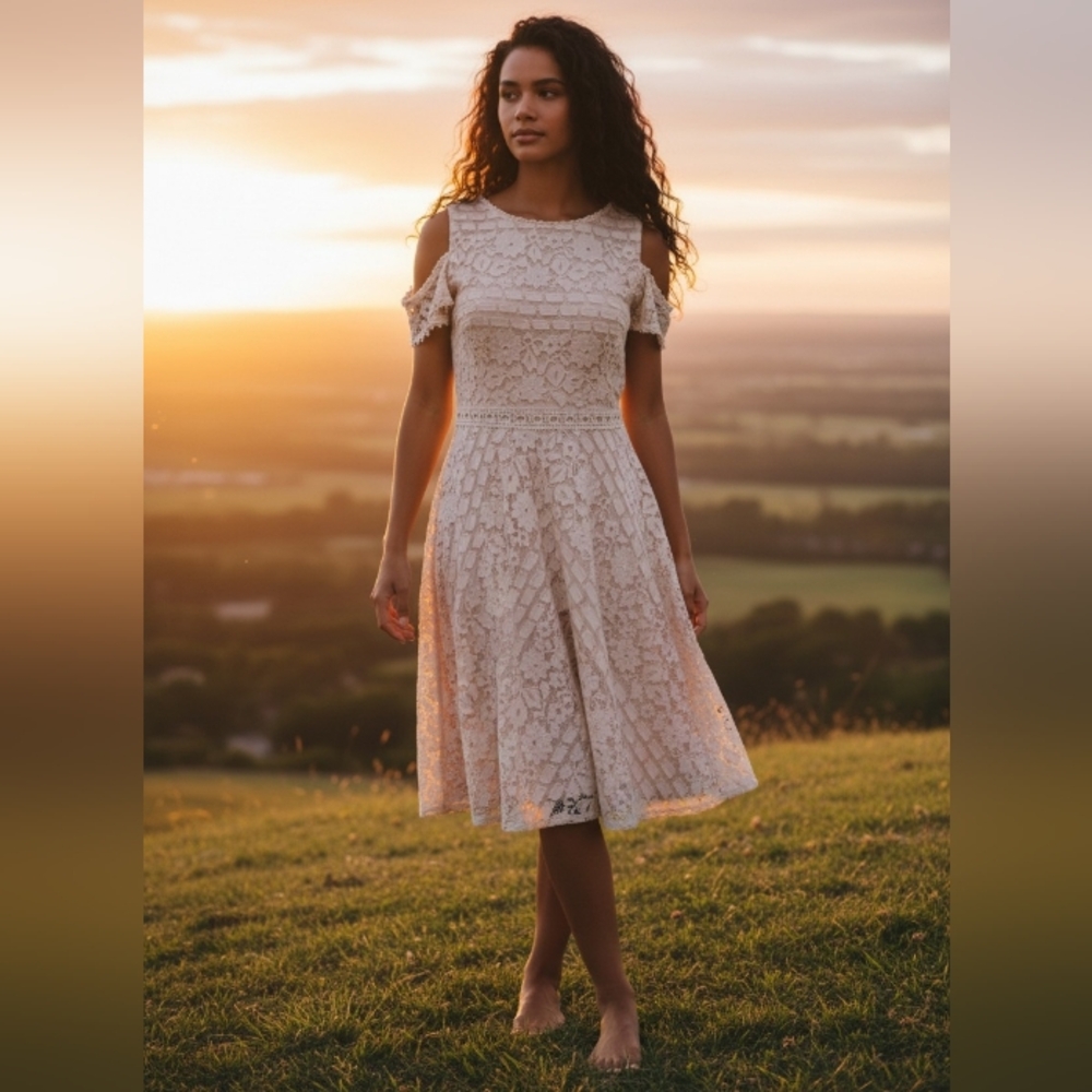 Tahari ASL Lace Cold-Shoulder Midi Dress